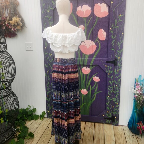 Vintage 1990's Blue & Purple Cotton Print Pleated Maxi Skirt by Papillon - Picture 12 of 15